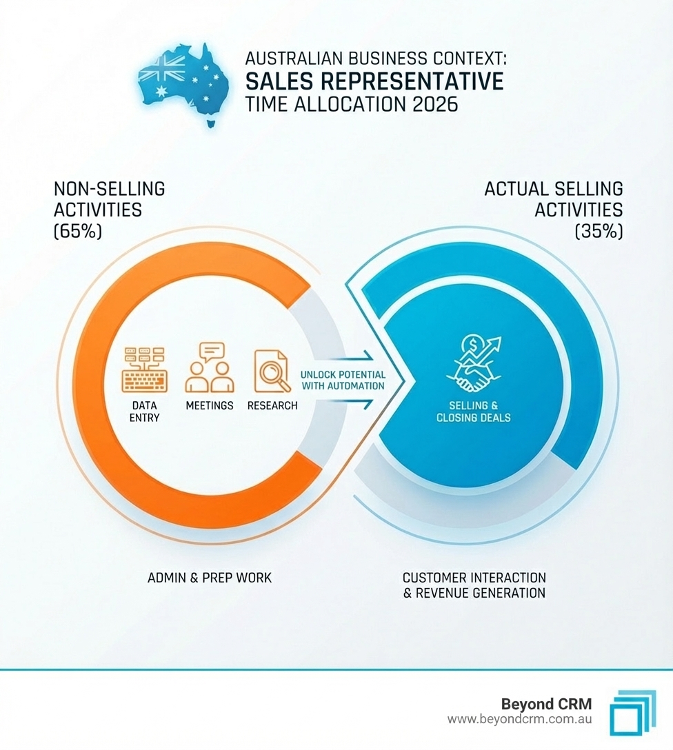Infographic showing time allocation for sales representatives: 65% spent on non-selling activities including data entry, meetings, and research versus 35% spent on actual selling activities, with Australian business context - Automate sales processes infographic 