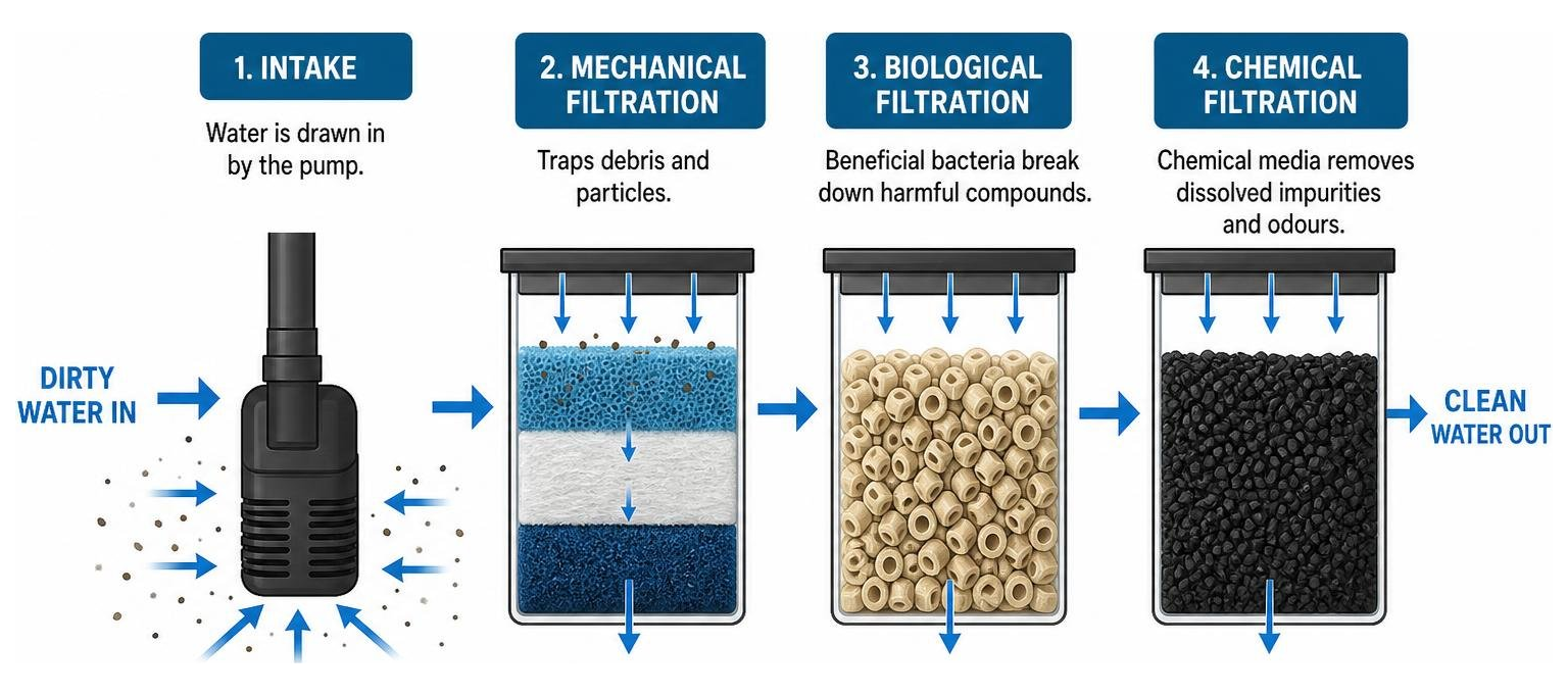 Water movement process across mechanical biological and chemical filtration media