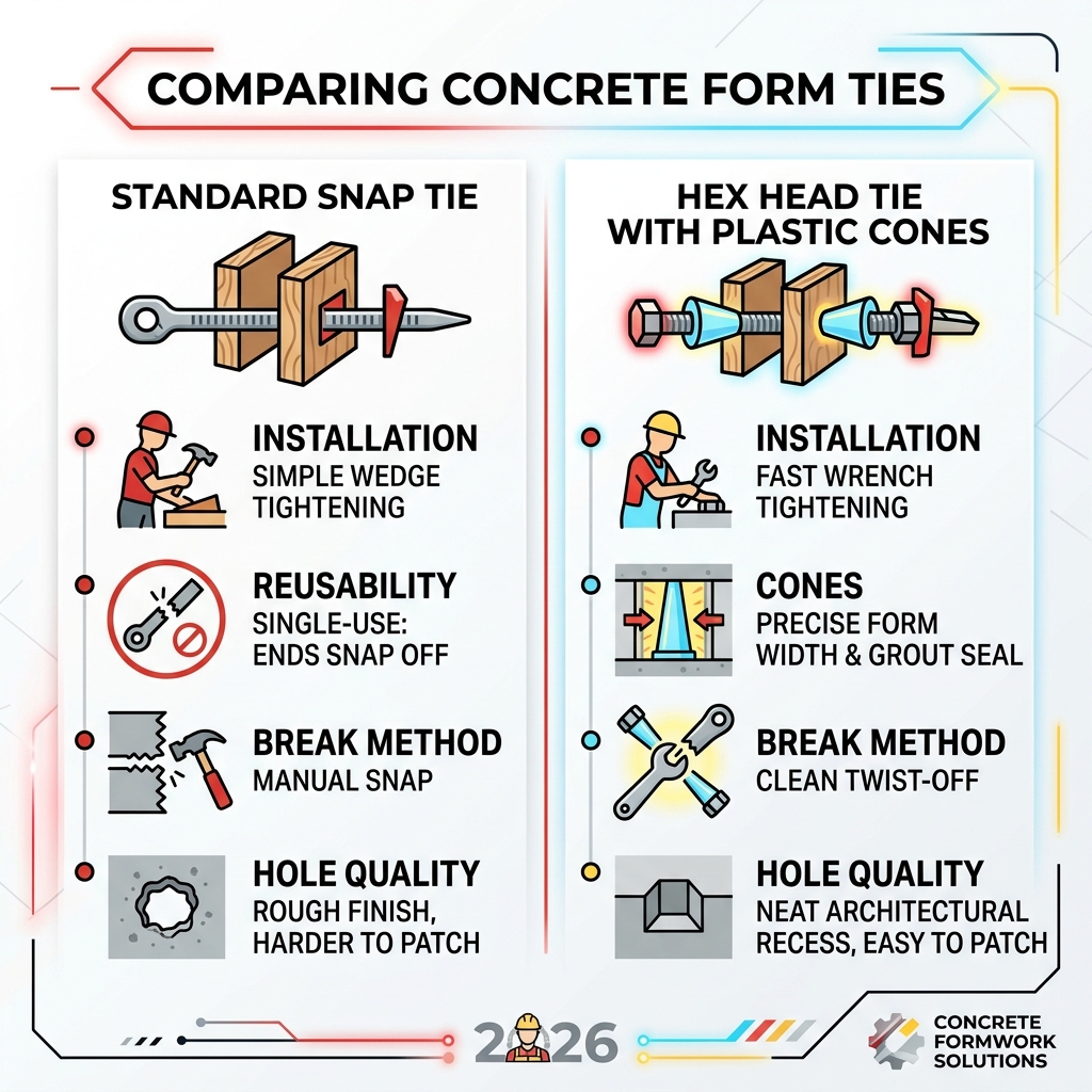 Infographic comparing standard snap ties vs. hex head ties with plastic cones - concrete formwork accessories infographic 
