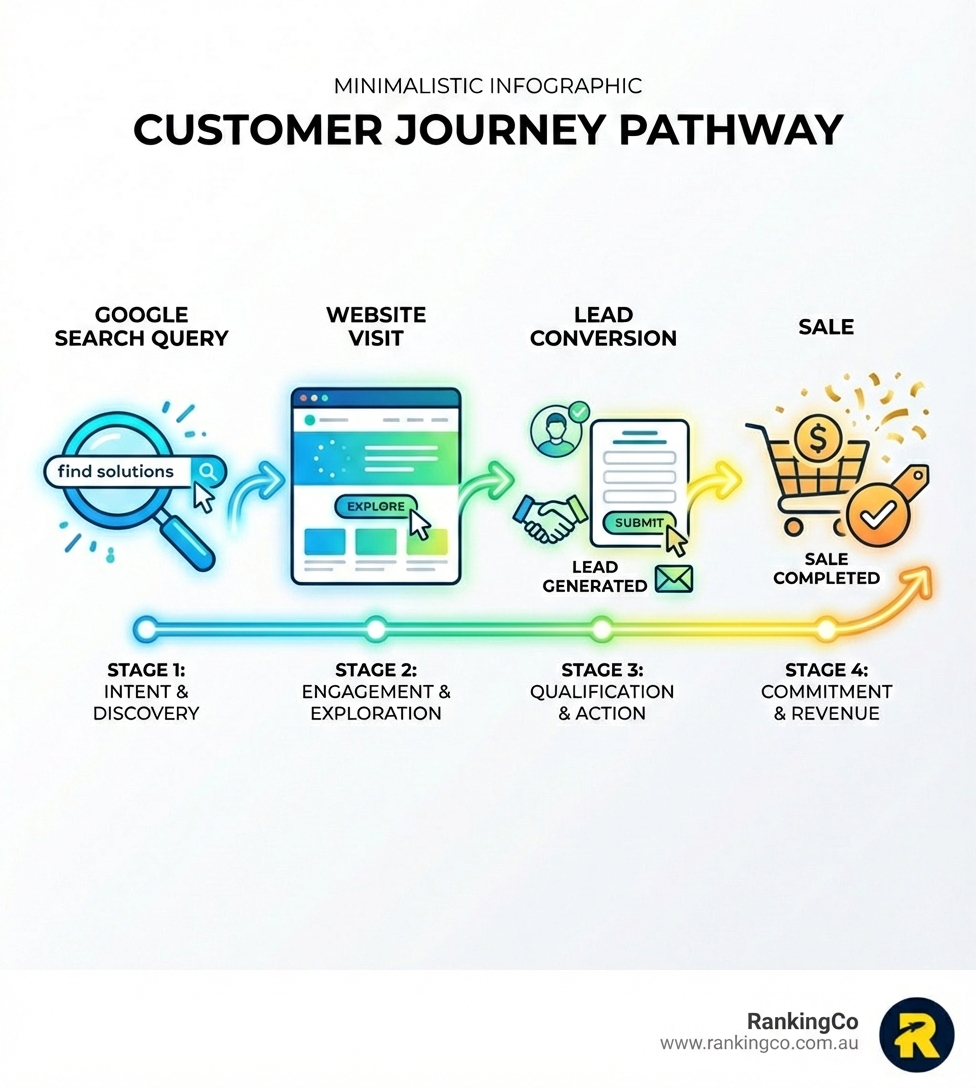 infographic showing the customer journey from Google search query to website visit to lead conversion to sale - hire seo expert infographic 