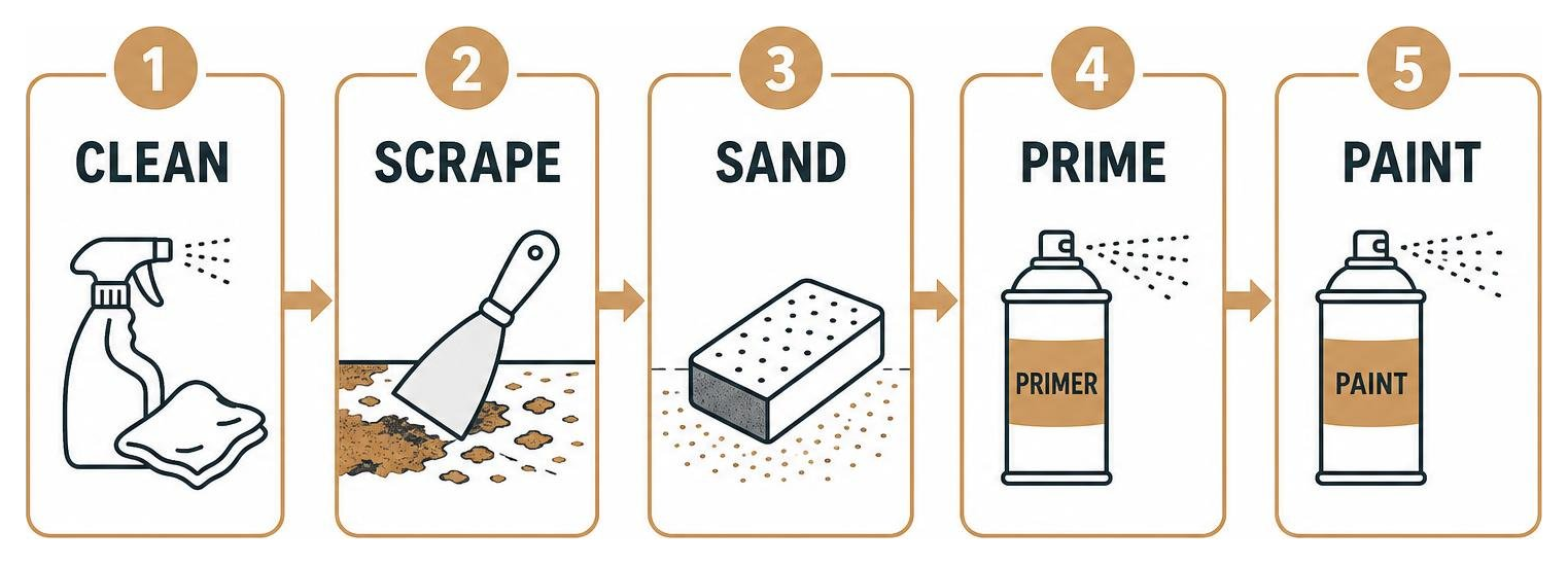 Diagram of metal restoration sequence: clean, scrape, sand, prime, and paint Diagram of metal restoration sequence: clean, scrape, sand, prime, and paint