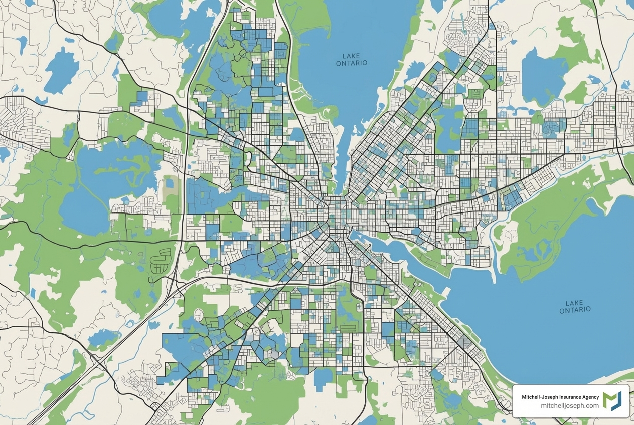 Map of Rochester, NY highlighting different ZIP codes - auto insurance companies rochester ny