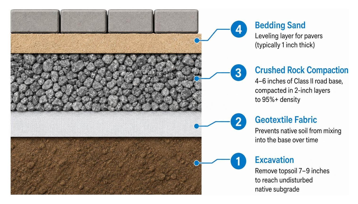 Multi-layer sub-base excavation, geotextile fabric, crushed rock compaction, and bedding sand Multi-layer sub-base excavation, geotextile fabric, crushed rock compaction, and bedding sand