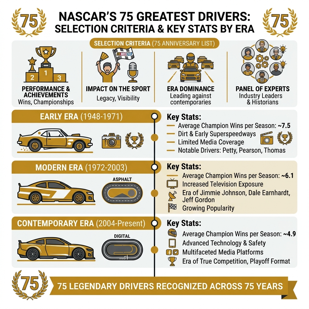 Infographic showing NASCAR's 75 Greatest Drivers selection criteria and key stats by era - famous nascar drivers infographic Infographic showing NASCAR's 75 Greatest Drivers selection criteria and key stats by era - famous nascar drivers infographic