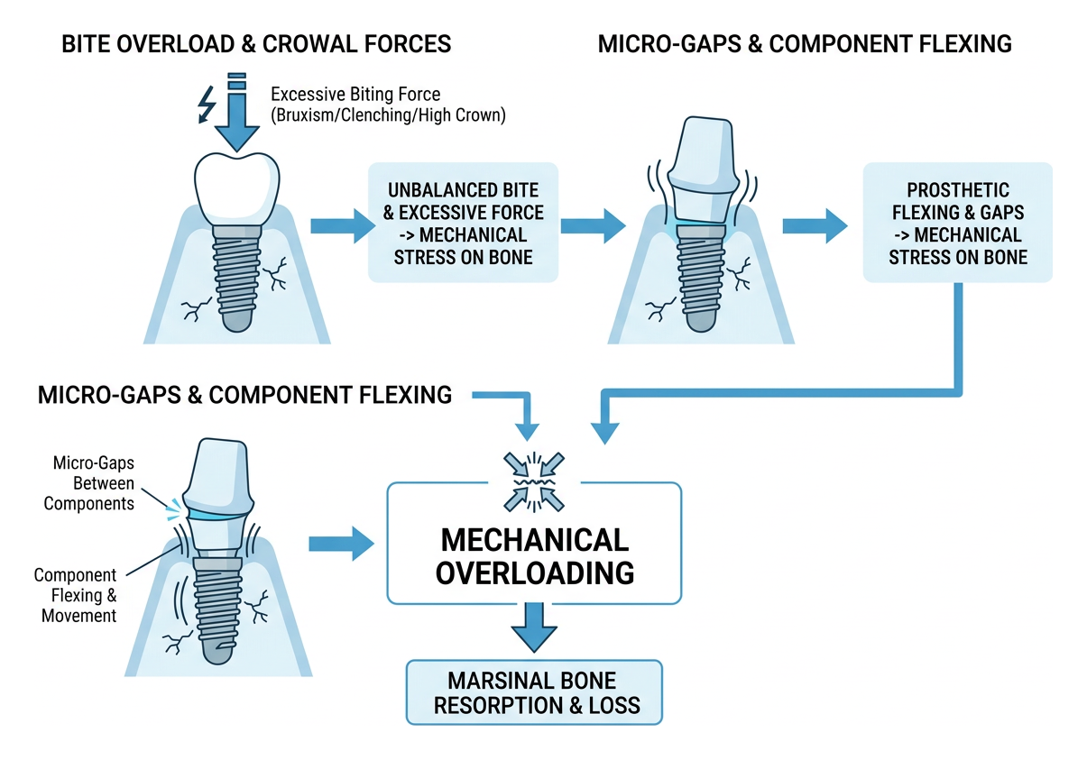 Diagram showing how excessive bite forces and micro-gaps transfer mechanical stress directly to jawbone