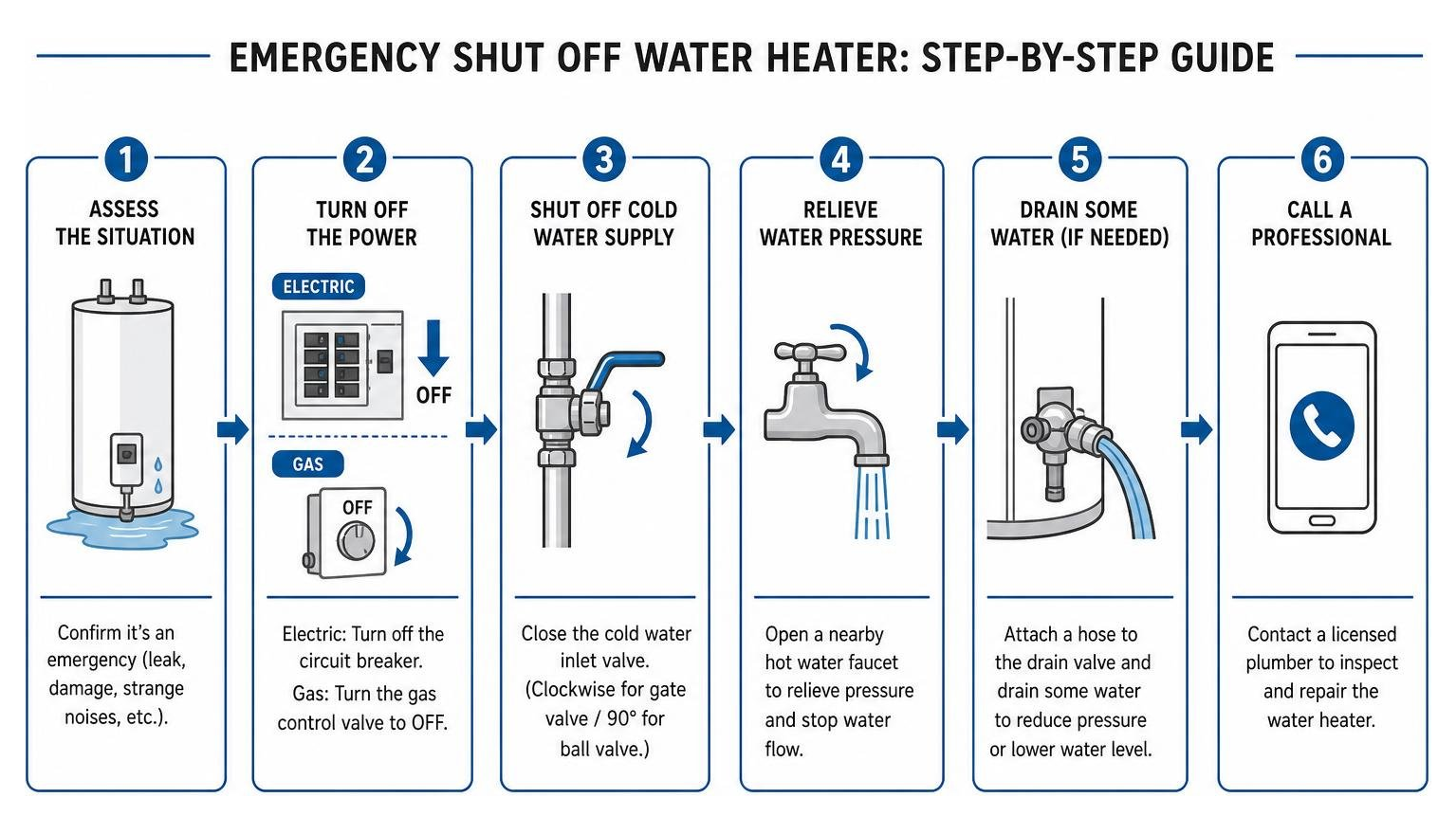 Process diagram showing the steps of shutting off a water heater in an emergency Process diagram showing the steps of shutting off a water heater in an emergency