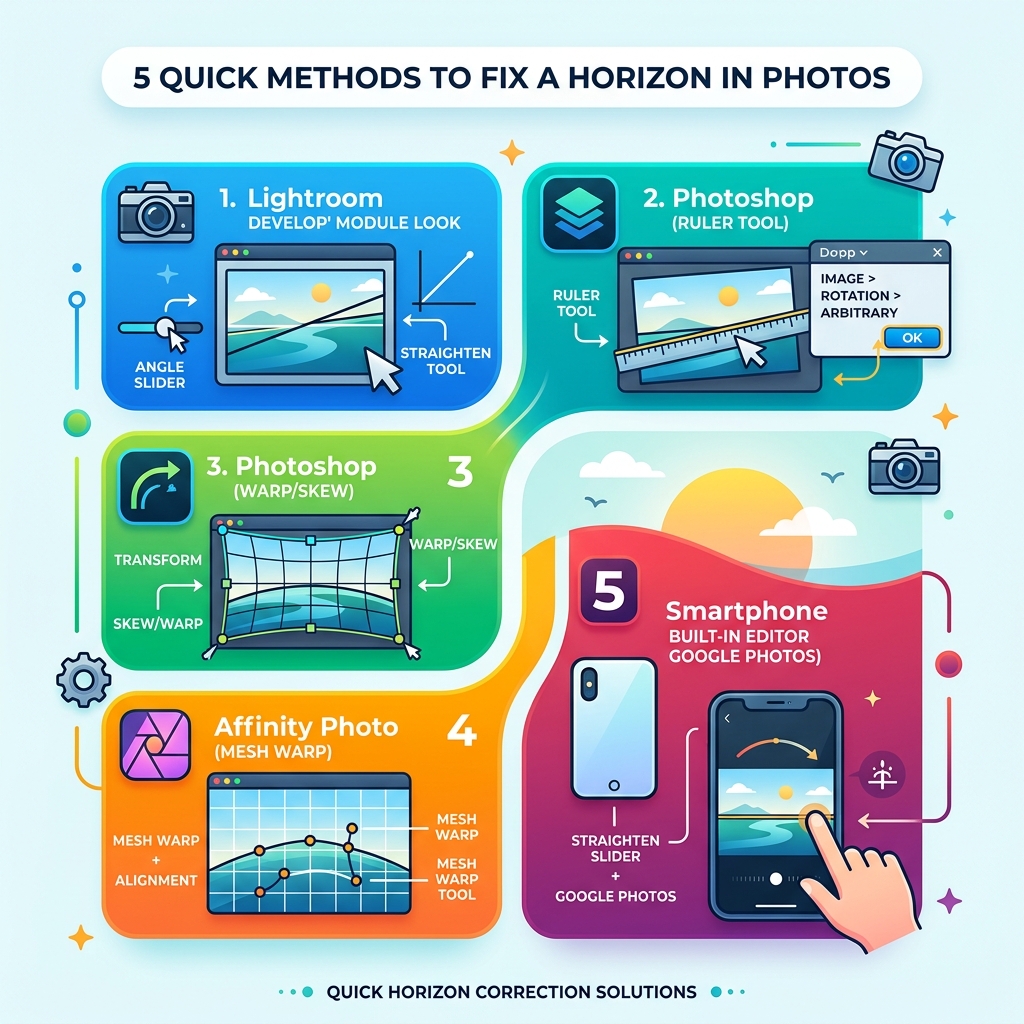 Infographic showing 5 quick methods to fix horizon in photos across different apps - fix horizon in photos infographic Infographic showing 5 quick methods to fix horizon in photos across different apps - fix horizon in photos infographic
