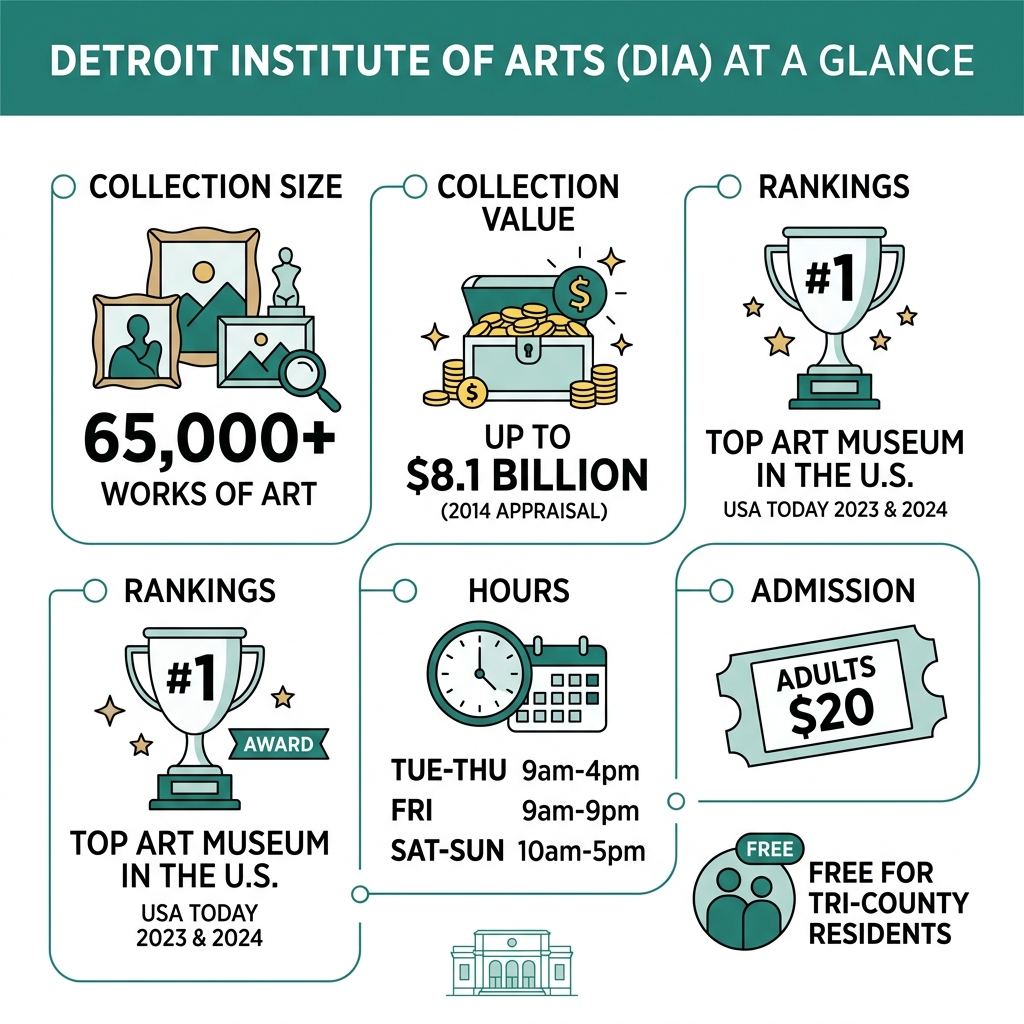 DIA collection size, value, rankings, hours, and admission infographic - detroit museum of fine arts infographic 
