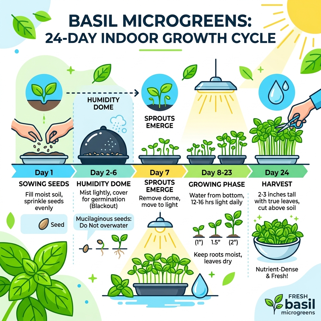 Basil microgreens 24-day indoor growth cycle from seeding to harvest with key milestones - basil microgreens indoor growth