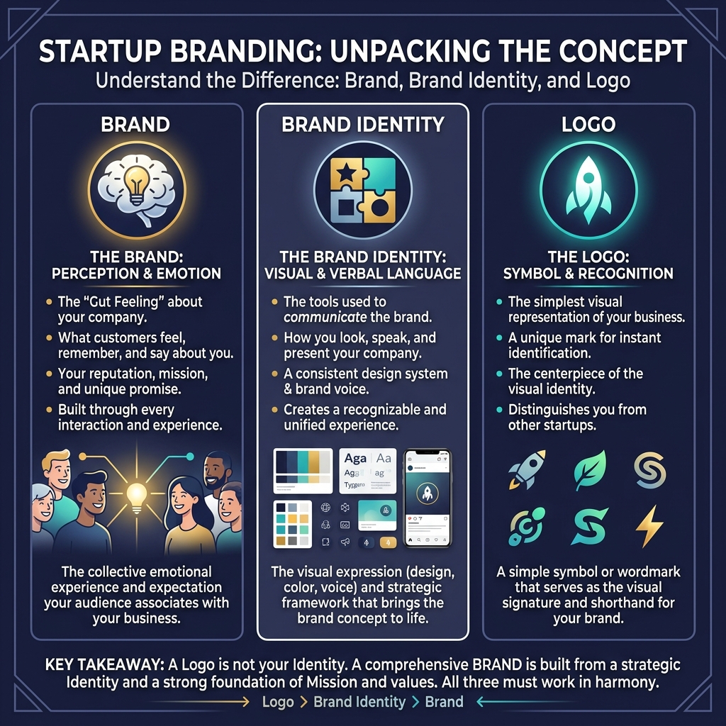 Infographic showing the difference between brand, brand identity, and logo for startups - branding strategies for startups Infographic showing the difference between brand, brand identity, and logo for startups - branding strategies for startups