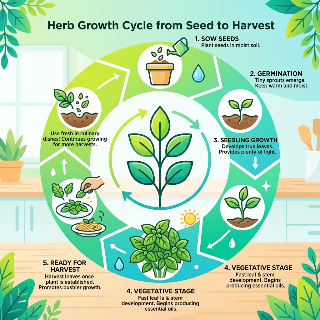 herb growth cycle from seed to harvest infographic - culinary herb garden starter kit infographic 