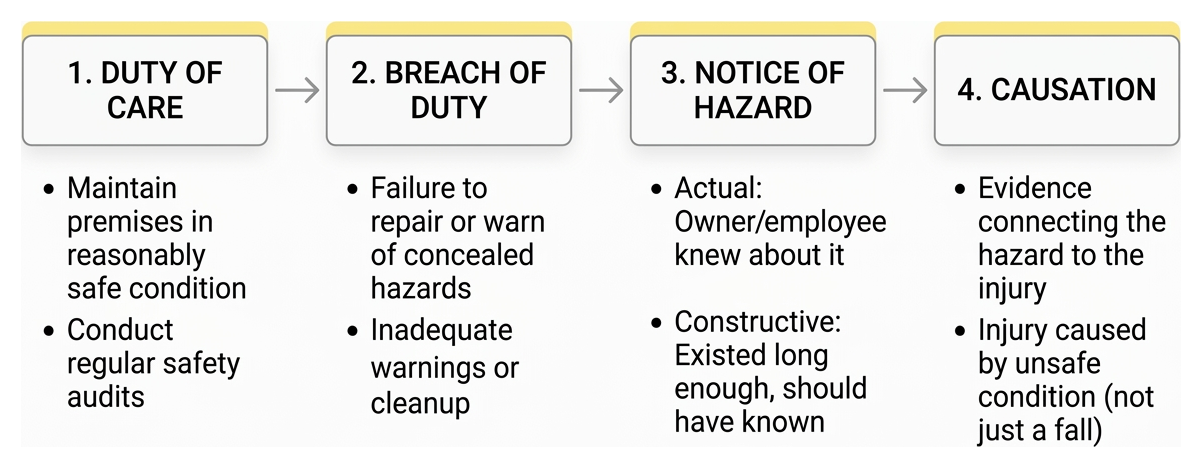 Four core elements of premises liability: duty, breach, notice, and causation