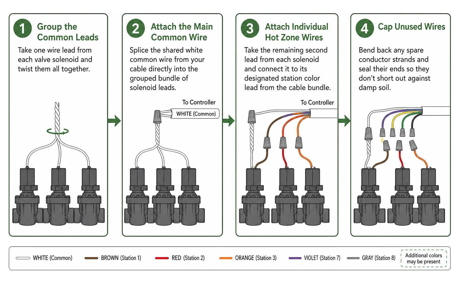 Step by step process to connect common and hot zone wires to valve solenoids in a manifold box
