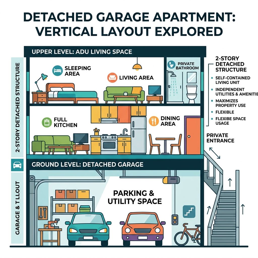 Infographic showing vertical layout of detached garage apartment with garage below and living space above - Detached garage