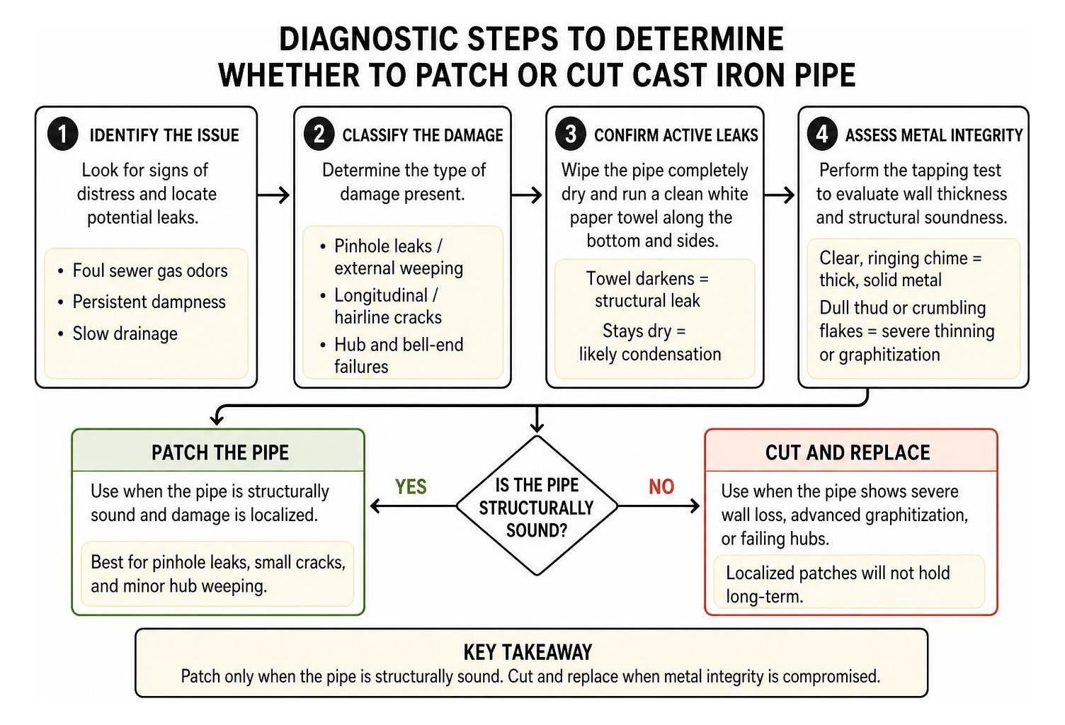 Diagnostic steps to determine whether to patch or cut cast iron pipe Diagnostic steps to determine whether to patch or cut cast iron pipe