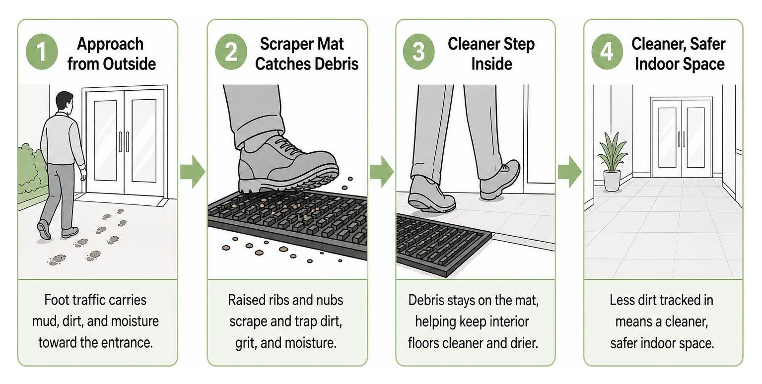 Step-by-step layout showing scraper mats capturing exterior dirt before indoor entry
