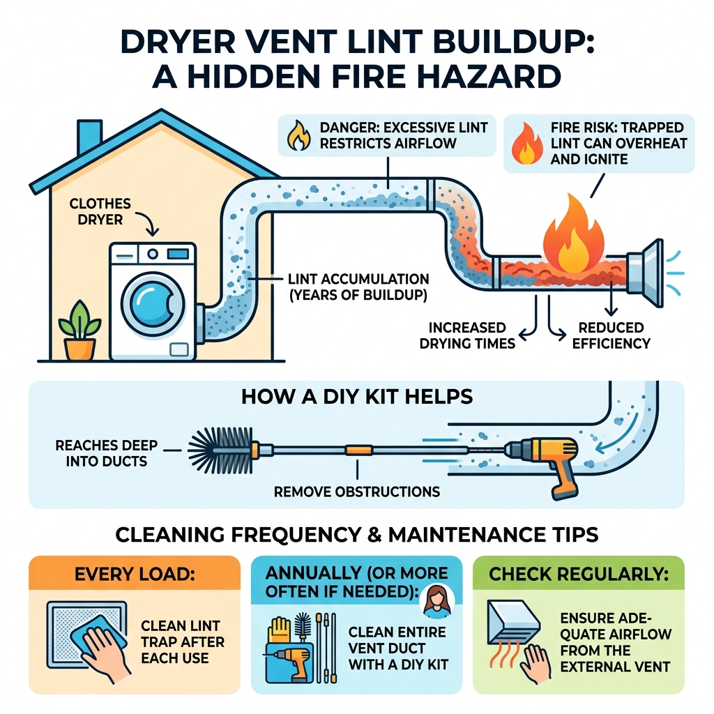 Infographic showing how lint builds up in dryer vents and causes fire risk with cleaning frequency tips - diy vent cleaning