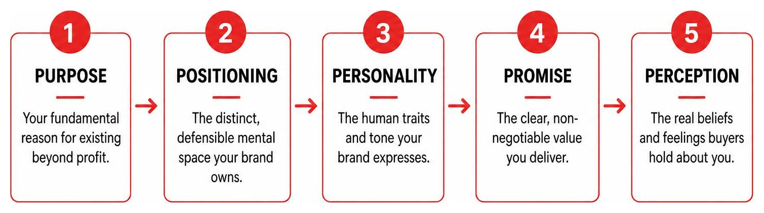 Diagram mapping the 5 Ps of brand strategy from purpose to perception Diagram mapping the 5 Ps of brand strategy from purpose to perception