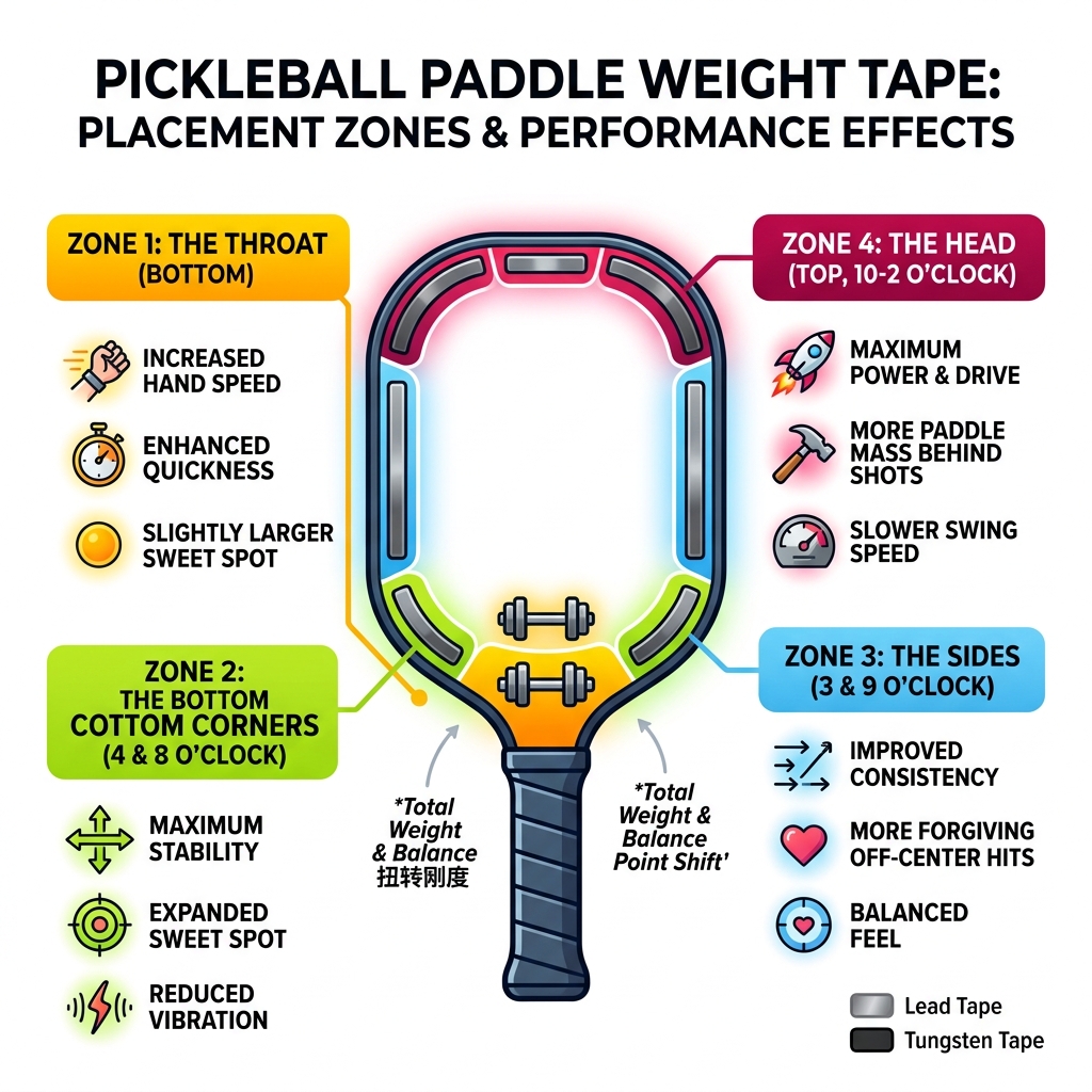 Infographic showing weight tape placement zones on a pickleball paddle and their performance effects - best pickleball Infographic showing weight tape placement zones on a pickleball paddle and their performance effects - best pickleball