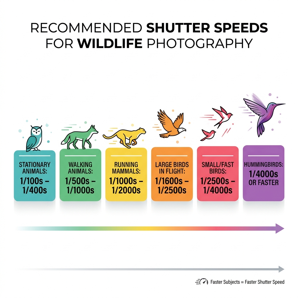 Infographic showing recommended shutter speeds for different wildlife movements from stationary to hummingbird flight Infographic showing recommended shutter speeds for different wildlife movements from stationary to hummingbird flight