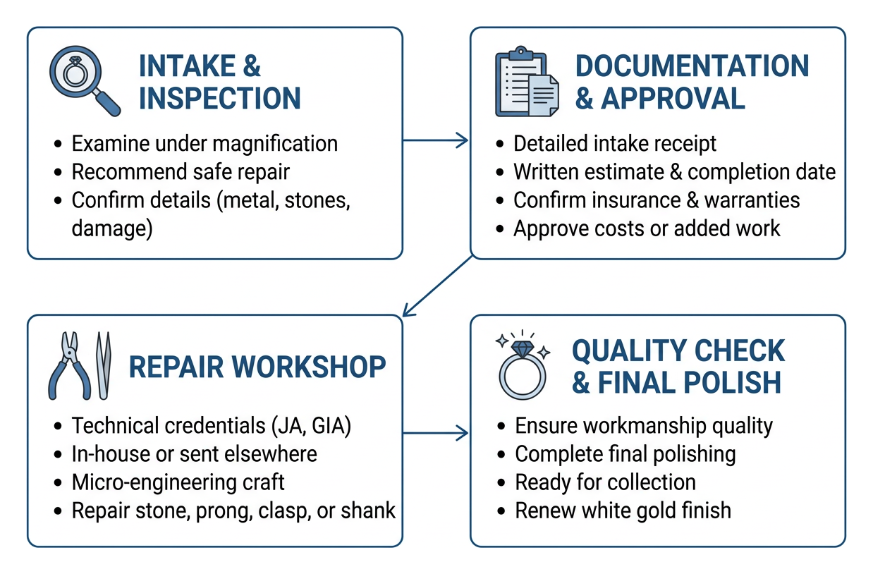 Jewelry repair process workflow from intake to final polishing Jewelry repair process workflow from intake to final polishing