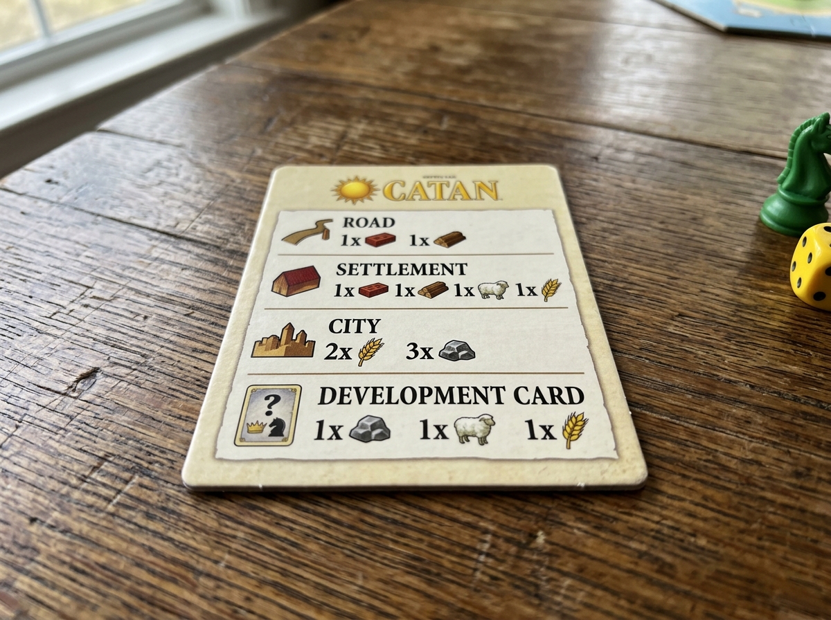 Building cost card showing requirements for roads, settlements, cities, and development cards - catan board game strategy