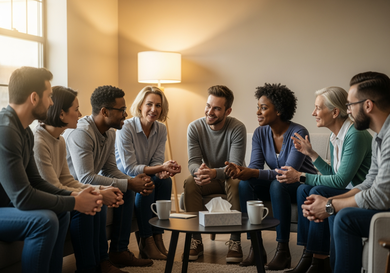 Diverse group of people in a friendly support group meeting - Positive Caregiver Support