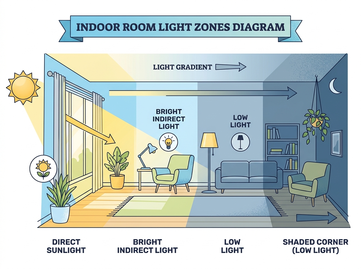 A diagram showing the difference between direct sunlight, bright indirect light, and low light zones in a room - best low