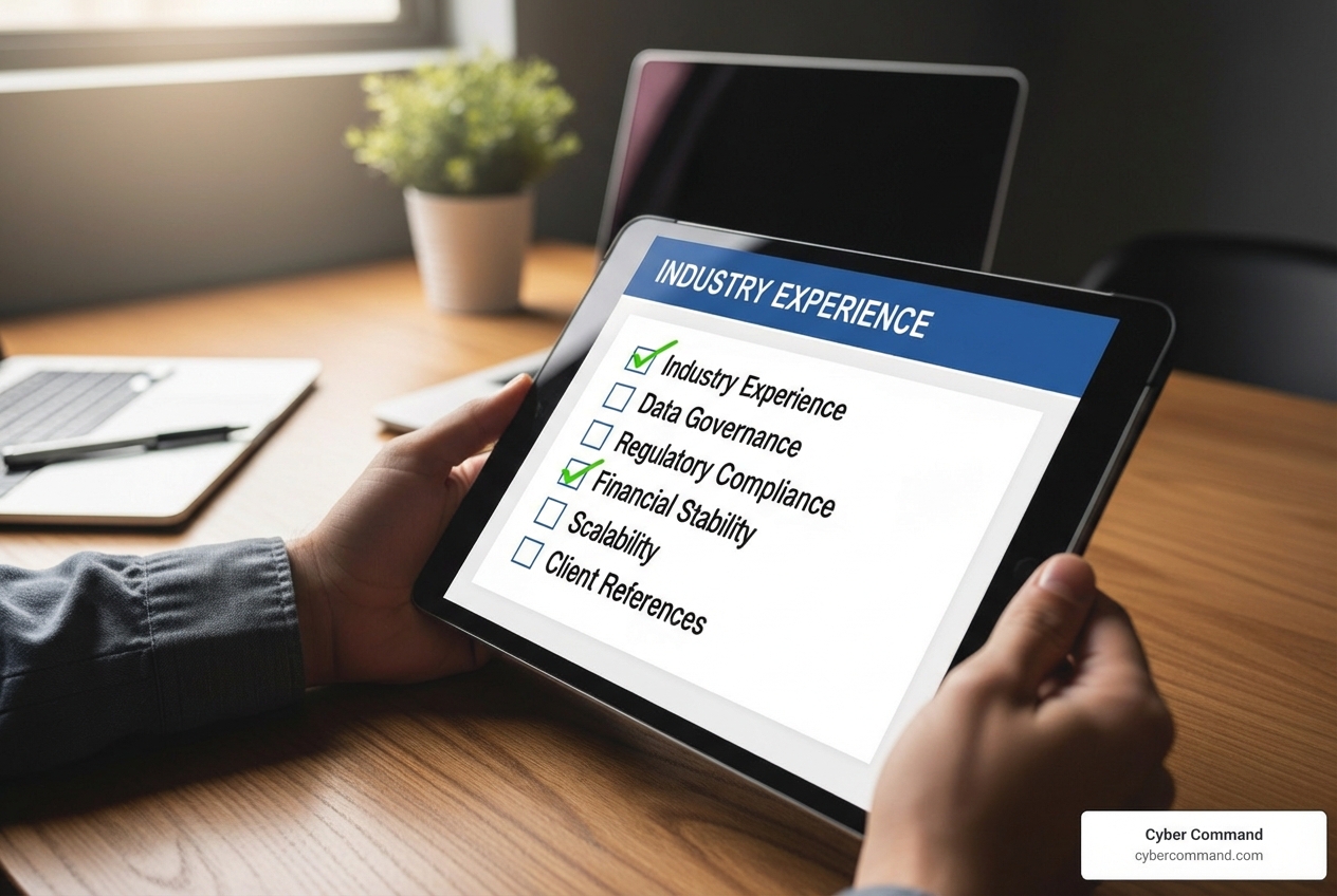 Checklist on a digital tablet with criteria like 'Industry Experience' and 'Data Governance' - Enterprise AI consulting Checklist on a digital tablet with criteria like 'Industry Experience' and 'Data Governance' - Enterprise AI consulting