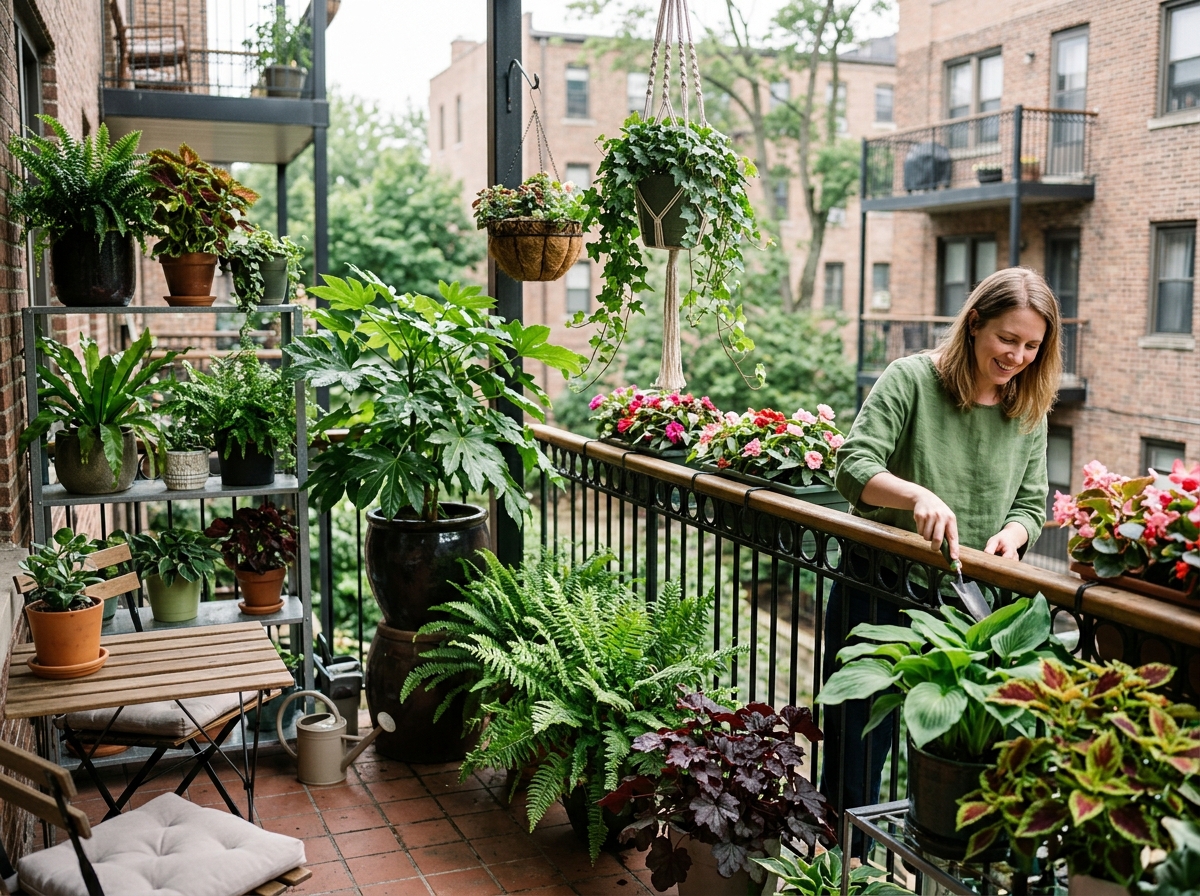 A north-facing balcony with lush green plants - shady balcony plants
