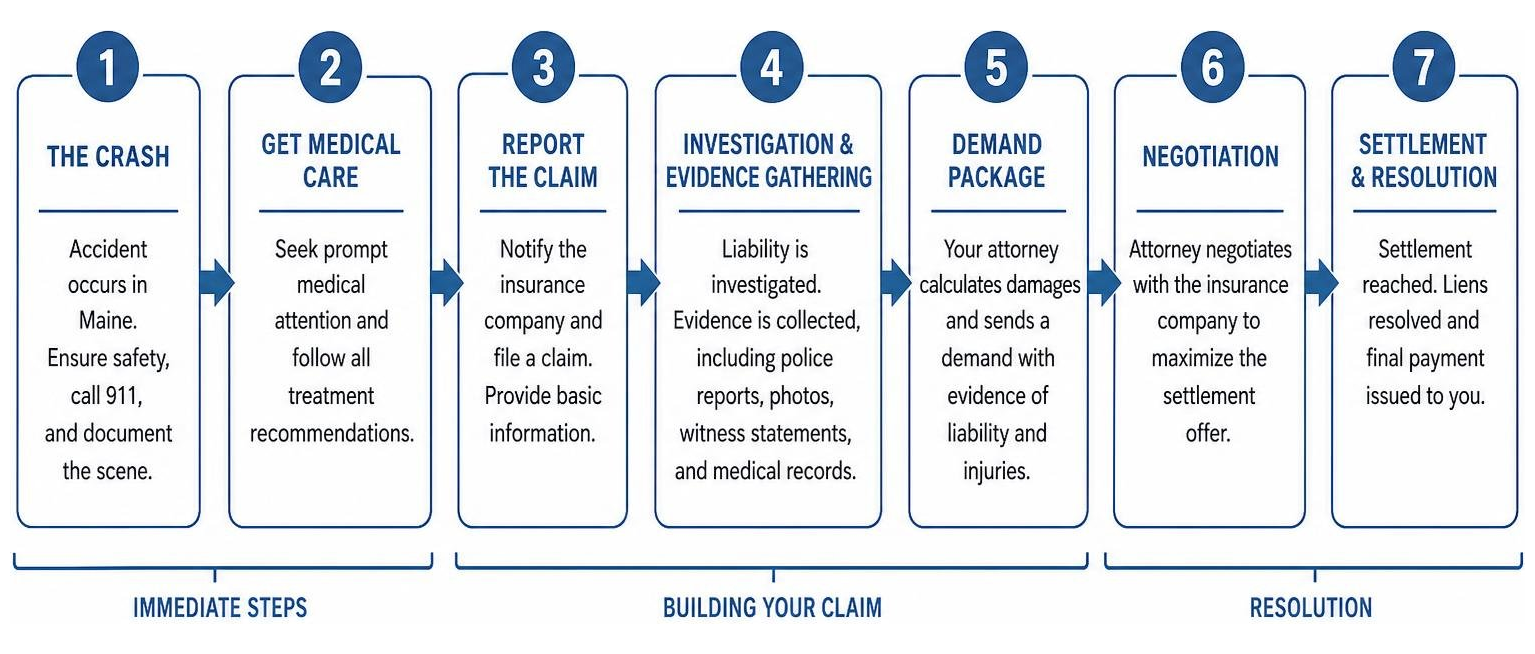 The step-by-step path of a Maine car accident claim from crash to final settlement