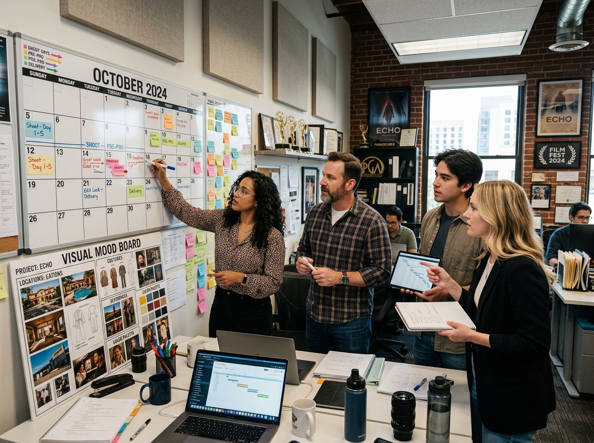 A professional production office with producers planning a project schedule on a large wall calendar - media production A professional production office with producers planning a project schedule on a large wall calendar - media production