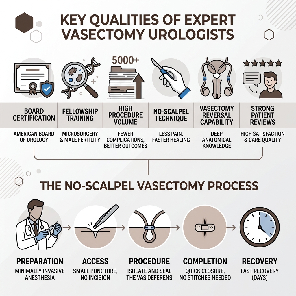 Infographic showing key qualities of expert vasectomy urologists and the no-scalpel vasectomy process - expert urologists Infographic showing key qualities of expert vasectomy urologists and the no-scalpel vasectomy process - expert urologists