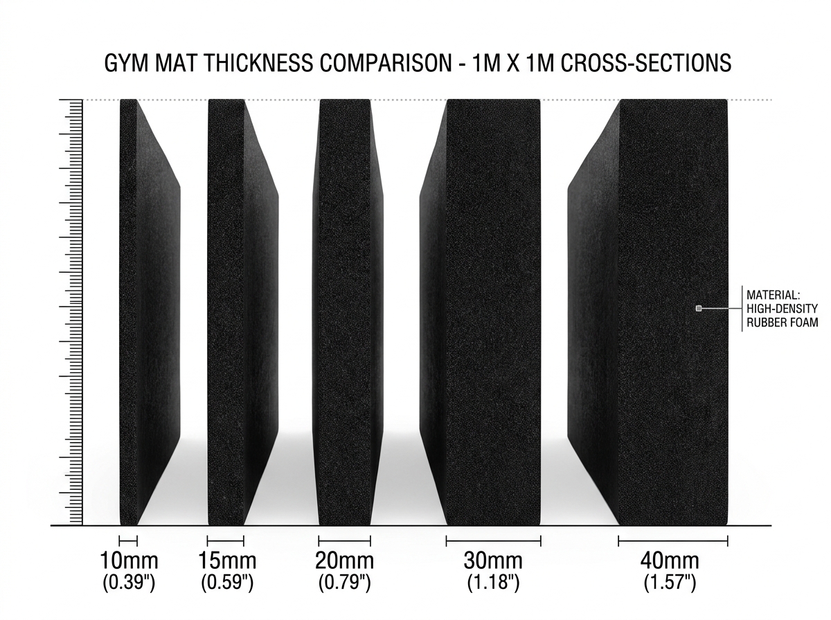 Cross-section of different mat thicknesses from 10mm to 40mm - 1m x 1m gym mats