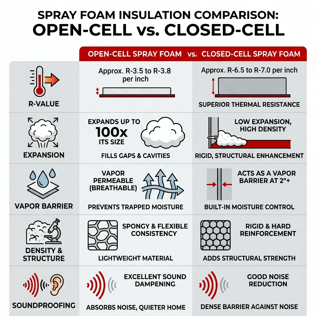 Comparison table of open-cell vs closed-cell spray foam - insulation pittsburgh pa infographic 