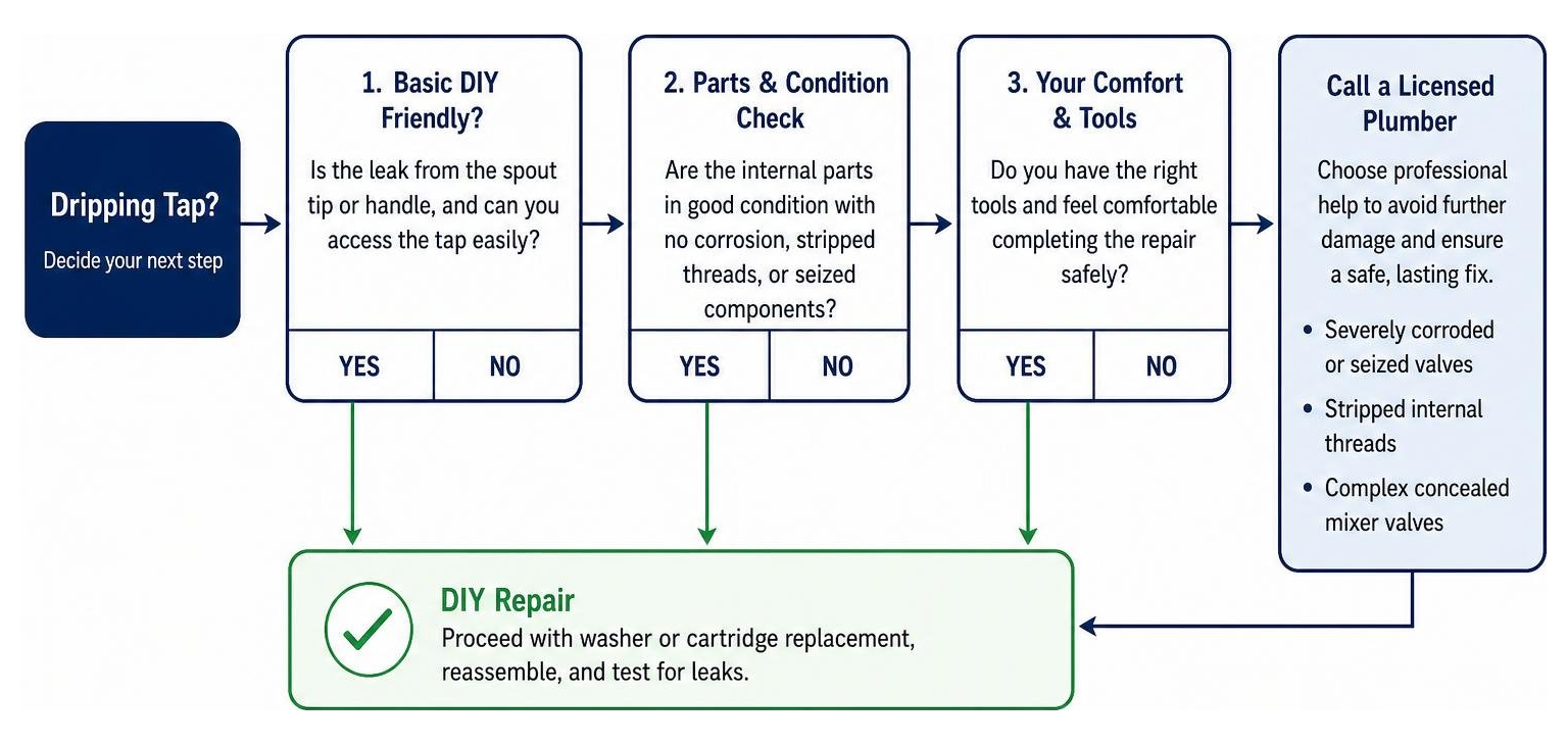Decision process for DIY tap repair vs calling a licensed plumber
