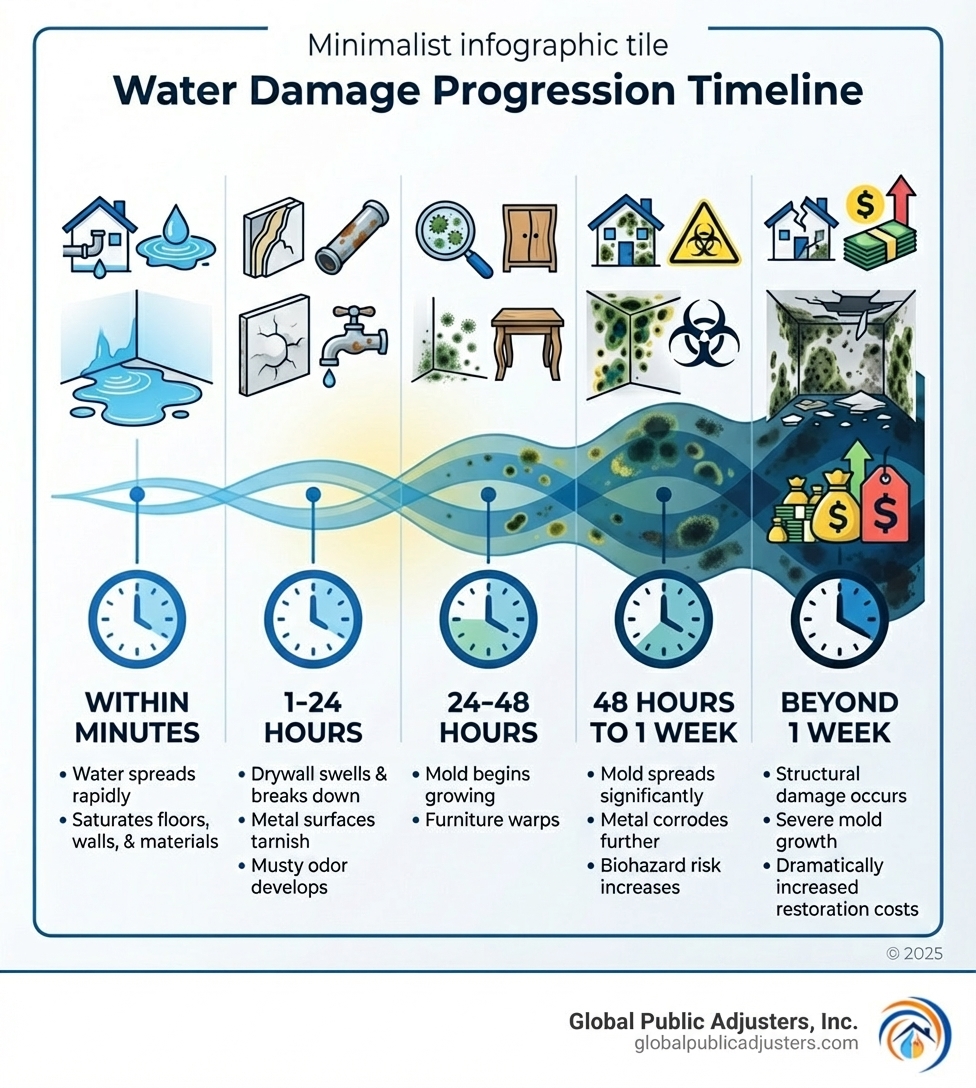 Infographic showing water damage progression timeline: Within Minutes - water spreads and saturates materials; 1-24 Hours - drywall swells, metal tarnishes, musty odor develops; 24-48 Hours - mold begins growing, furniture warps; 48 Hours to 1 Week - mold spreads, metal corrodes, biohazard risk increases; Beyond 1 Week - structural damage, severe mold growth, dramatically increased restoration costs - emergency water remediation infographic 