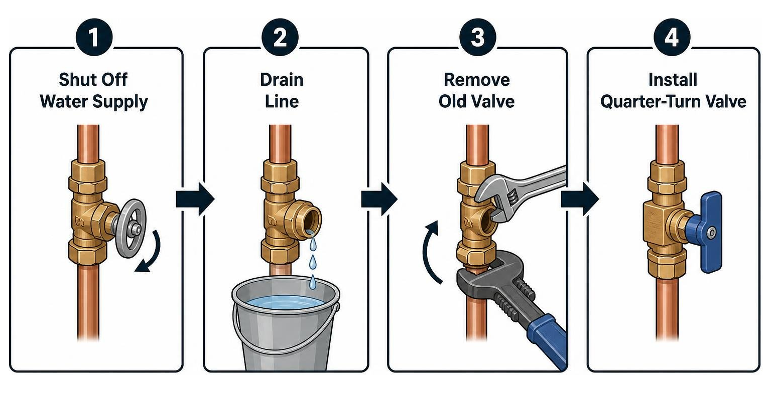 Step-by-step hot water valve replacement: shut off, drain line, remove old valve, install quarter-turn valve