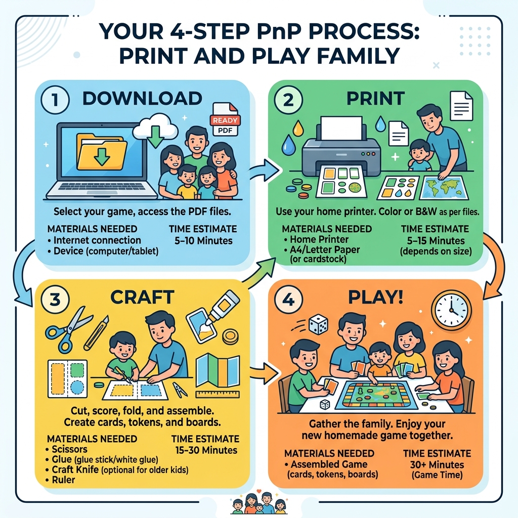 4-step PnP process: Download, Print, Craft, Play with materials and time estimates - print and play family infographic 