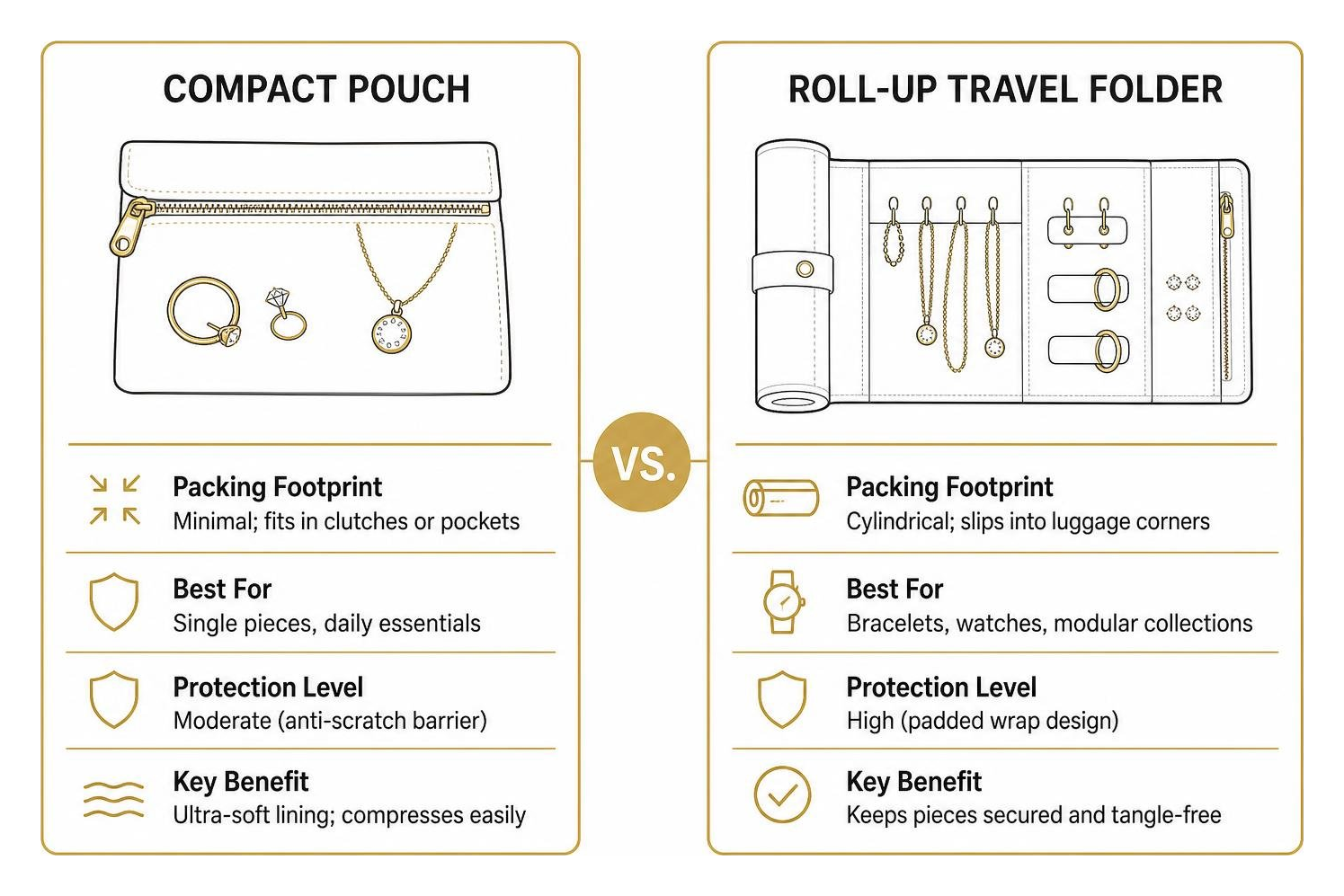 Comparison diagram of compact pouch versus roll-up travel folder storage Comparison diagram of compact pouch versus roll-up travel folder storage