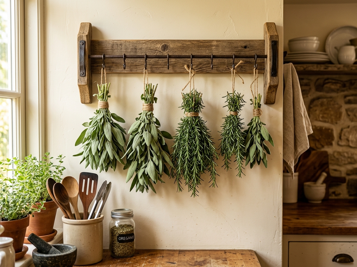 DIY wooden herb drying rack with hanging bundles of sage and rosemary - hanging herbs in kitchen