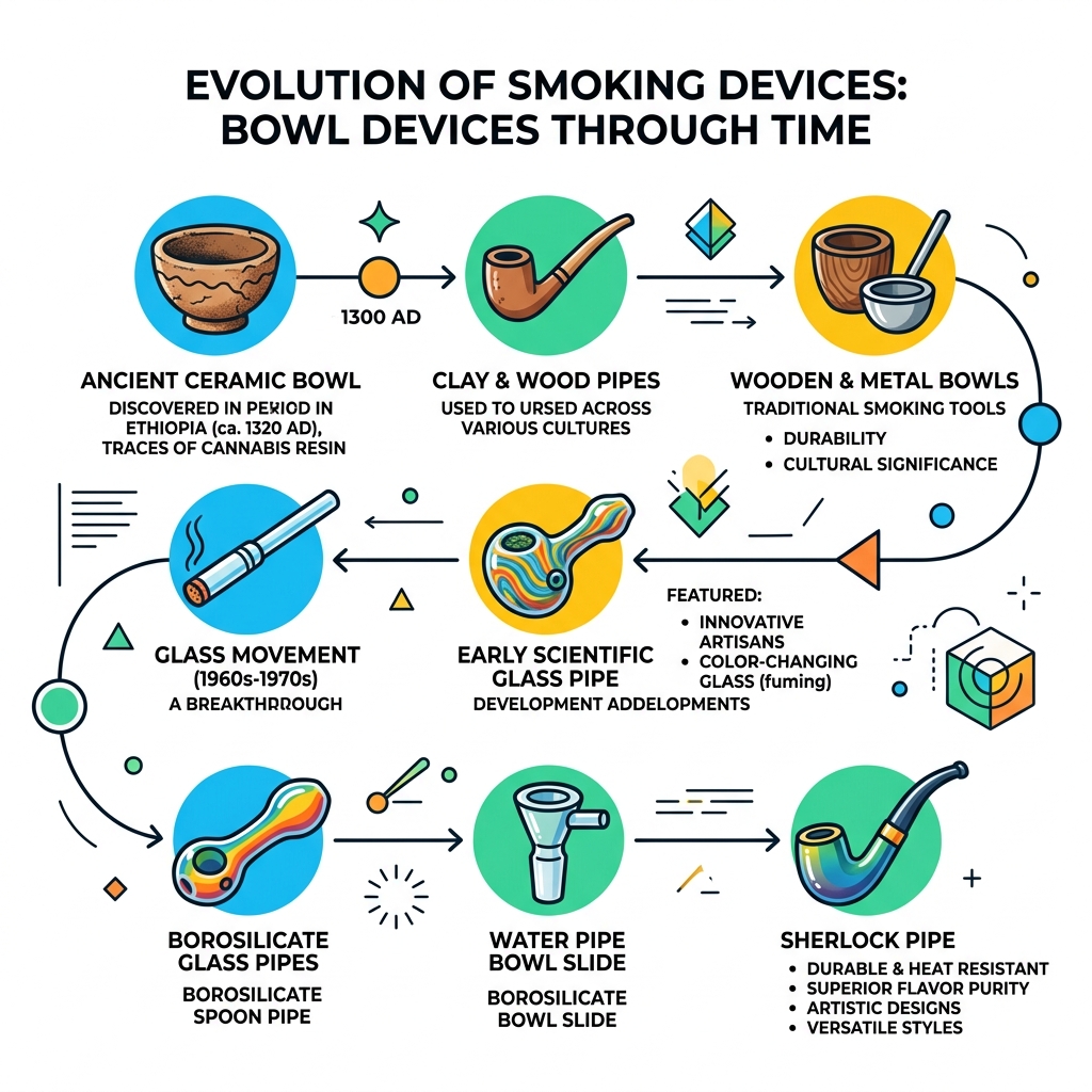 Evolution of smoking devices from ancient ceramic bowls to modern borosilicate glass pipes - weed bowl infographic Evolution of smoking devices from ancient ceramic bowls to modern borosilicate glass pipes - weed bowl infographic