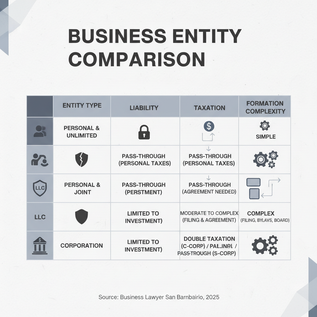 Table comparing Sole Proprietorship, Partnership, LLC, and Corporation on liability, taxation, and formation complexity - Business lawyer San Bernardino infographic 