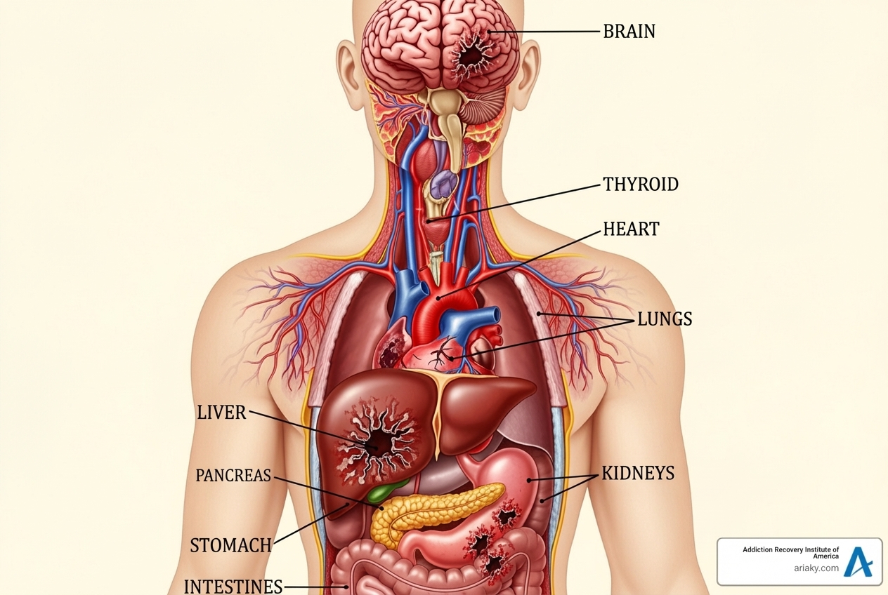 illustration of the human body showing organs affected by long-term alcohol abuse - alcohol rehab options illustration of the human body showing organs affected by long-term alcohol abuse - alcohol rehab options