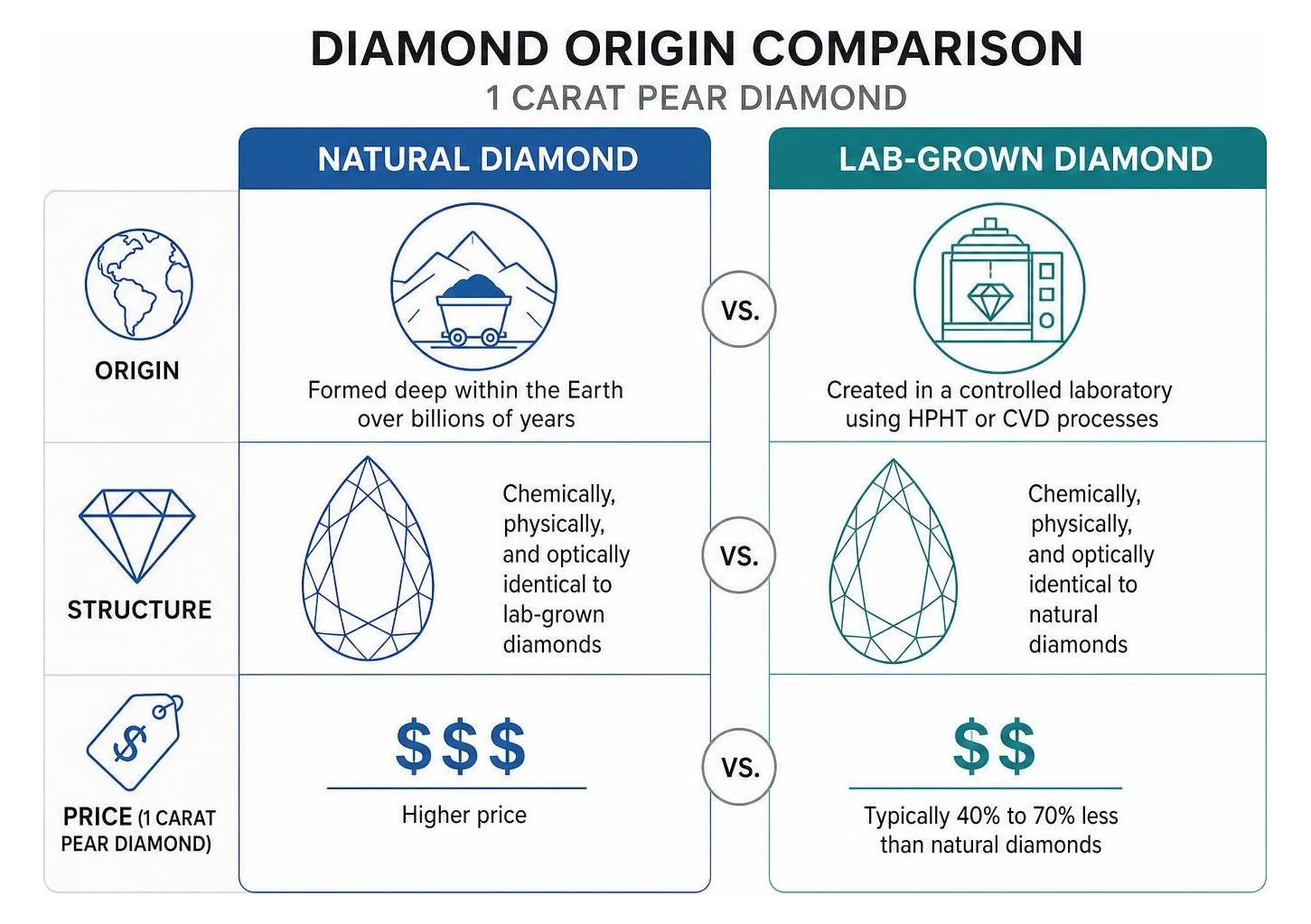 Diamond origin comparison showing price and structure of natural vs lab grown Diamond origin comparison showing price and structure of natural vs lab grown