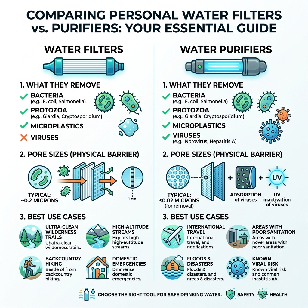 Infographic comparing water filters vs purifiers: what they remove, pore sizes, and best use cases - personal water filter