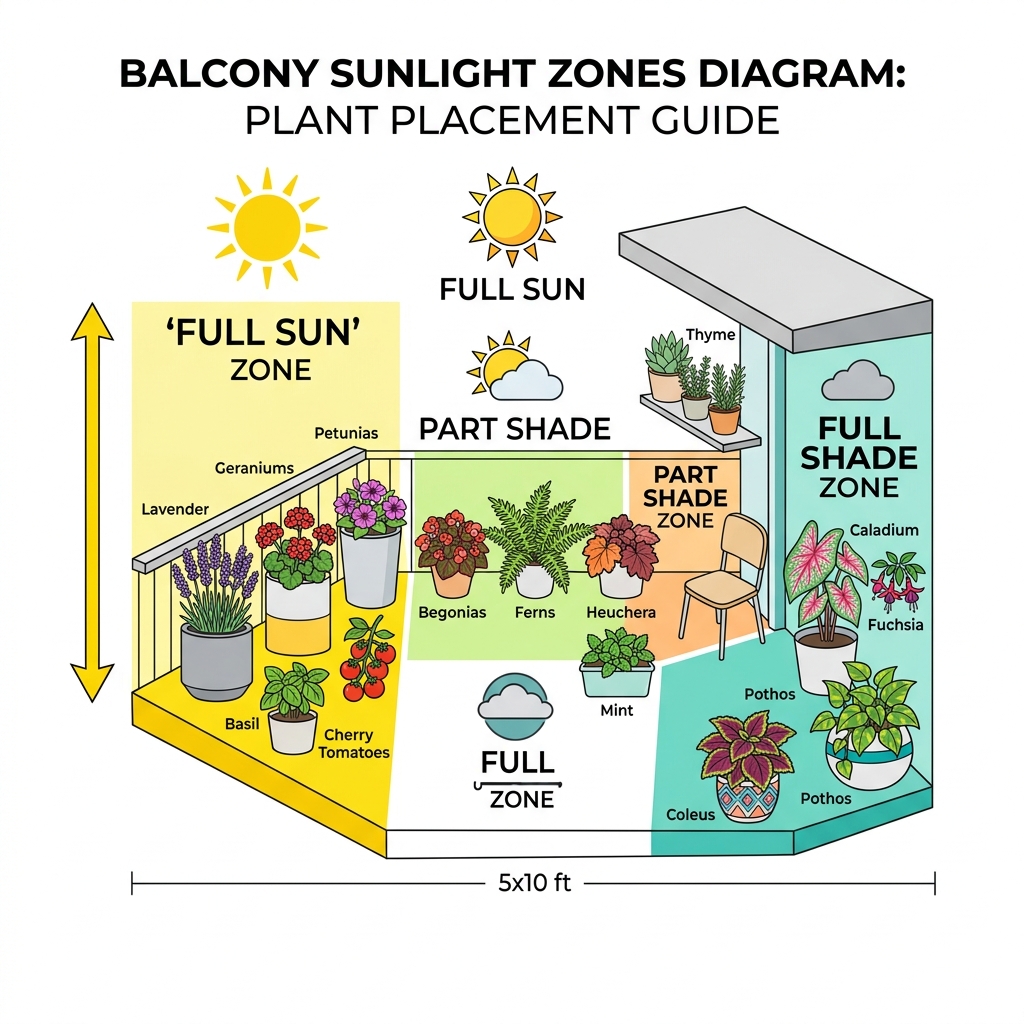 Balcony sunlight zones diagram showing full sun, part shade, and full shade plant placement - best plants for apartment