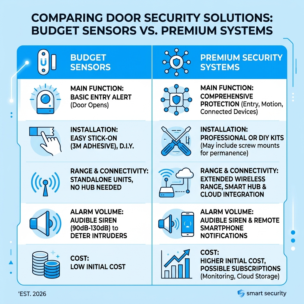 Table comparing budget sensors vs premium security systems - door alarms amazon infographic Table comparing budget sensors vs premium security systems - door alarms amazon infographic