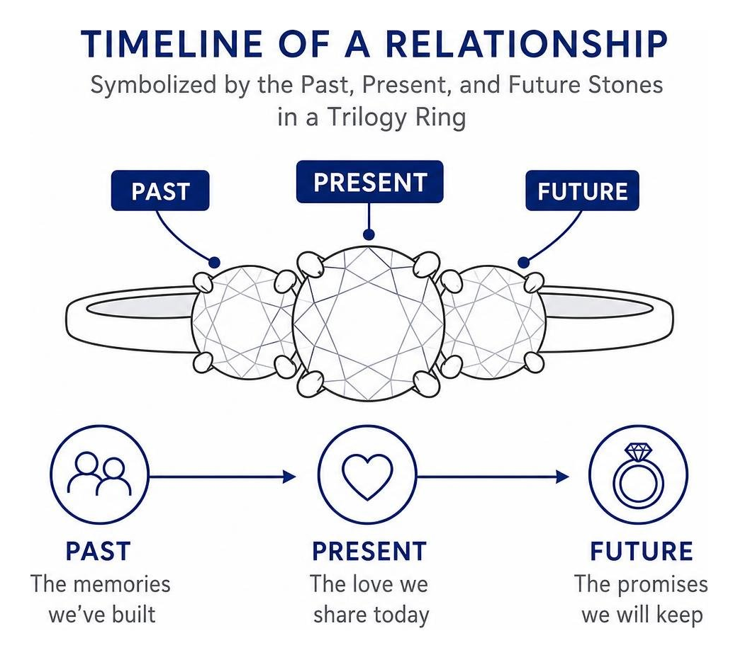 Timeline of a relationship symbolized by the past, present, and future stones in a trilogy ring