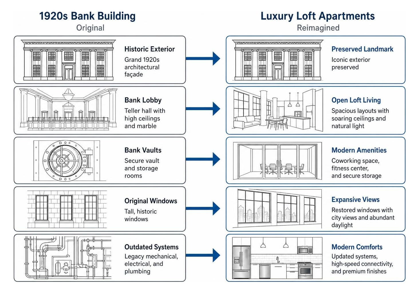 Comparison diagram of adaptive reuse bank conversion to luxury loft apartments Comparison diagram of adaptive reuse bank conversion to luxury loft apartments
